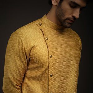 Mustard Yellow Kurta Set With Resham And Sequins Embroidered Jaal